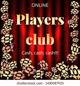 Poster or flyer for a gaming club. Big win. Jackpot For online casino, poker, roulette, slot machines, card games. Gold chips and the inscription.