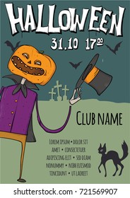 Poster or flyer for Halloween night party. Jack-o'-lantern among the graves in the cemetery. Vector template illustration.