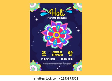 Poster, flyer Holi festival with paints, mandala. Vector