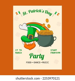 Poster, flyer, invitation to a St. Patrick's Day party. Leprechaun, rainbow, pot of gold