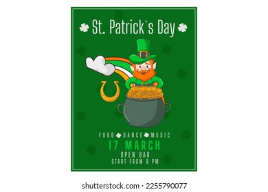 Poster, flyer, invitation to a St. Patrick's Day party. Leprechaun, pot of gold