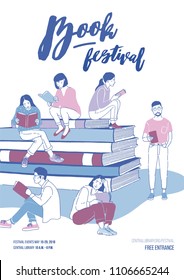 Poster, flyer or invitation template for literary festival with young people dressed in trendy clothes sitting on stack of giant books and reading. Vector illustration for event advertisement, promo.