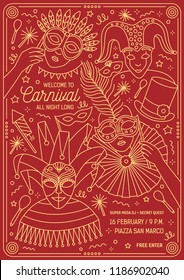 Poster, flyer or invitation template for masquerade ball, carnival, festival or party with characters wearing festive masks and costumes. Vector illustration in line art style for event announcement.