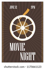 Poster, flyer or invitation template for movie night, motion picture premiere or cinema festival with retro film reel on dark background. Colored flat vector illustration for event announcement.