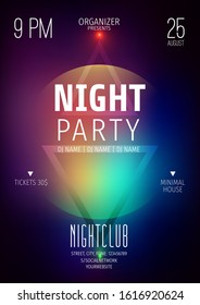 Poster or flyer layout template.Abstract background with geometric elements.Techno poster.Neon glow.Invitation to a night party.Advertising announcement of a party in the style of techno, music show.