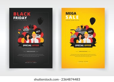 Poster, flyer or leaflet template with a design of smiling store employees and shopping items. Suitable for black friday, clearance or any other kind of sales event - Powered by Shutterstock - Get 15% off with code: PIKWIZARD15