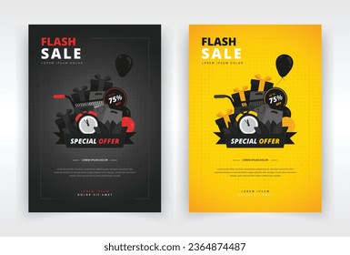 Poster, flyer or leaflet template with a design of alarm clock, shopping bags and gift boxes. Suitable for clearance or any other kind of sales event that runs for a limited time