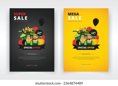 Poster, flyer or leaflet template with a design of smiling shop workers and grocery items. Suitable for black friday, seasonal or any other kind of sales event in a supermarket or retail store