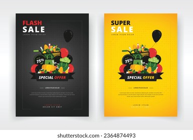 Plantilla de póster, volante o folleto con un diseño de artículos de compras. Adecuado para el viernes negro, la limpieza o cualquier otro tipo de evento de venta en un supermercado o tienda de comestibles