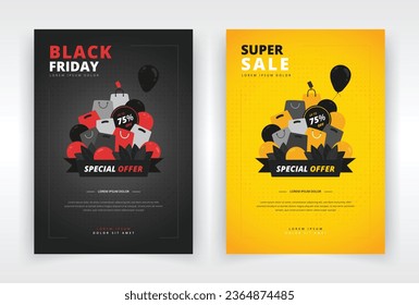 Poster, flyer or leaflet template with a pile of shopping bags design. Suitable for black friday, clearance or any other kind of sales event