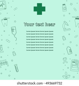 Poster, flyer with medical symbols and objects isolated on color background. Medical checkup, diagnostic, research icons. Healthcare graphic design elements. Vector template with place for your text.