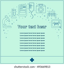 Poster, flyer with medical symbols and objects isolated on color background. Medical checkup, diagnostic, research icons. Healthcare graphic design elements. Vector template with place for your text.
