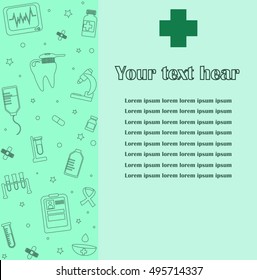 Poster, flyer with medical symbols and objects isolated on color background. Medical checkup, diagnostic, research icons. Healthcare graphic design elements. Vector template with place for your text.