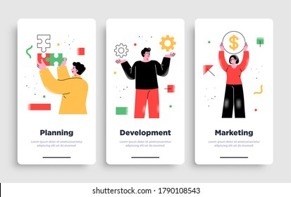 Poster, flyer or mobile application design templates. Business concept illustrations. Modern flat outline style