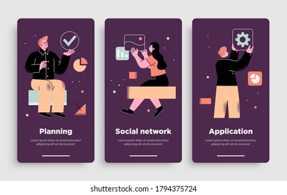 Poster, flyer or mobile application design templates. Business concept illustrations. Modern flat outline style