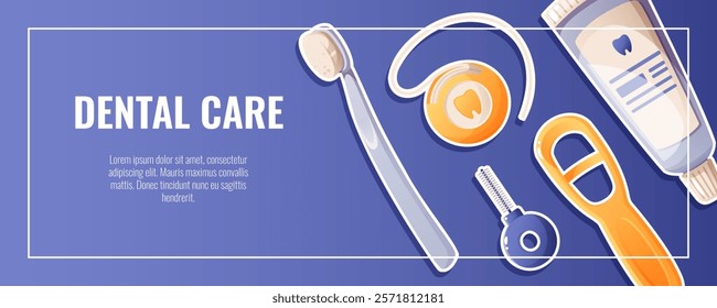 Poster, flyer on the topic of dentistry, hygienist, dental care, oral hygiene. with the image of a toothbrush, dental floss, toothpaste and tongue scraper. For healthy and clean teeth.