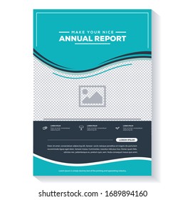 poster flyer pamphlet brochure cover design layout with circle wave shape graphic elements and space for photo background, black and Keppel color scheme, vector template in A4 size 