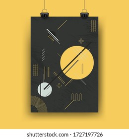 poster flyer pamphlet brochure cover design layout with circle shape graphic elements and space for photo background, blue and yellow color scheme, vector template in A4 size