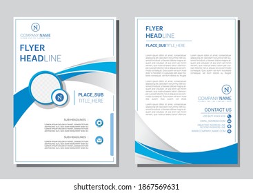 poster flyer pamphlet brochure cover design layout with circle shape graphic elements and space for photo background, blue and white color, vector template in A4 size