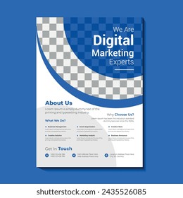 Plakat Flyer Pamphlet Broschüre Cover Design Layout mit kreisförmigen grafischen Elementen und Raum für Fotohintergrund, blau und gelb Farbschema, Vektor-Vorlage in A4-Größe
