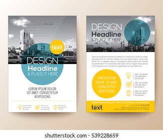 Poster Flyer Pamphlet Brochure Cover Design Layout With Circle Shape Graphic Elements And Space For Photo Background, Blue And Yellow Color Scheme, Vector Template In A4 Size