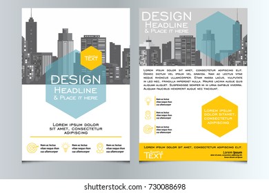 poster flyer pamphlet brochure cover design layout with circle shape graphic elements and space for photo background, blue and yellow color scheme, vector template in A4 size