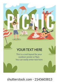 A poster or a flyer for a picnic. Friends relax in nature, play, dance, have fun. The family went to nature in the summer
