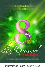 Poster flyer placard or Greeting card on March 8. Vector illustration. Green shiny background with fireflies.