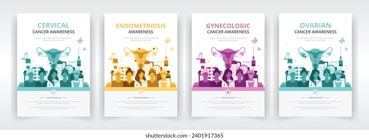 Plantillas de carteles, volantes o informes ideales para sensibilizar a la mujer sobre cuestiones de salud como el cáncer de cuello uterino o ovárico, la endometriosis o cualquier otro cáncer ginecológico