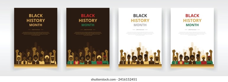 Poster, flyer, or report cover templates featuring African American people in front of background of power fists and cityscape. Ideal for Black History Month programs