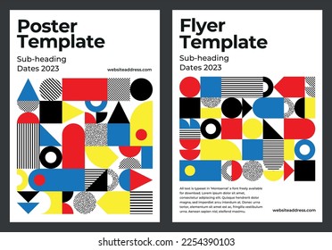Poster and flyer template in a Bauhaus style, created from building blocks of simple patterned shapes and textures. The font used is 'Montserrat' which is freely available to download