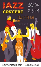 Poster and flyer template for jazz music concert with musicians and singer. Vector flat cartoon illustration