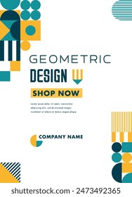 Poster or flyer template with modern geometric pattern and abstract shapes, vector background. Web banner with geometric design of mosaic pattern with trendy triangle and circle shape elements