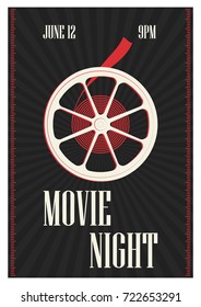 Poster or flyer template for motion picture premiere, cinema festival or professional movie show time with retro film reel on dark background. Colorful vector illustration for event advertisement.
