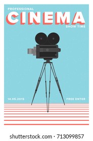 Poster or flyer template for professional cinema show time or movie premiere with film camera standing on tripod. Colorful vector illustration for event announcement.