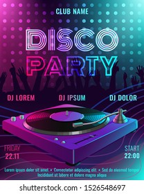 Poster flyer template with record player, shapes of dancing people and neon lights on the background. Music event flyer in pink and blue colors