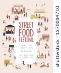 Poster of flyer template for summer street food festival with men and women walking among trucks or stalls, buying homemade meals, eating and drinking. Vector illustration for seasonal event promo.