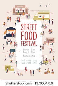 Poster of flyer template for summer street food festival with men and women walking among trucks or stalls, buying homemade meals, eating and drinking. Vector illustration for seasonal event promo.