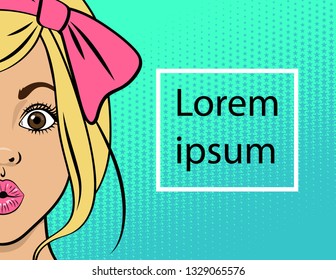 Poster or flyer template. Surprised female face close up. Vector illustration