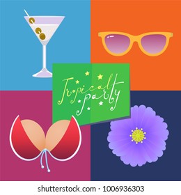 Poster or flyer for tropical beach party vector illustration. Set of icons, clip art for tropics design theme with bikini, sunglasses 
