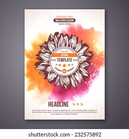 Poster or Flyer with watercolor paint abstract background. Vector illustration. Sunflower hand drawn circle frame. Typographic template for text.