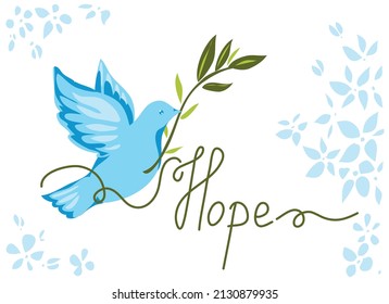 Poster with flying bird, florals and branches. Vector international symbol of peace disarmament anti war movement.