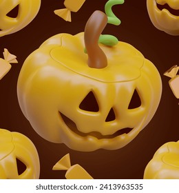 Poster with flying orange pumpkin with smile. Spooky decorative pumpkin lantern with angry face. Composition for Halloween. Vector illustration in 3d style with brown background