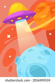 Poster with flying saucer and planets. Placard design in cartoon style.