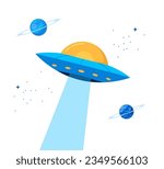 Poster with flying saucer and planets. Space. Planets, stars and comets in cartoon style. Vector illustration