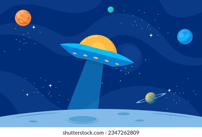 Poster with flying saucer and planets. Space. Planets, stars and comets in cartoon style. Vector illustration