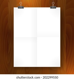 poster fold blank paper vector template on wood background. isolated. layered. 