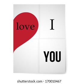 Poster of the folded paper with a red heart and a declaration of love. Greeting card. Cover.