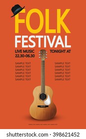 Poster for the Folk festival with guitar and hat