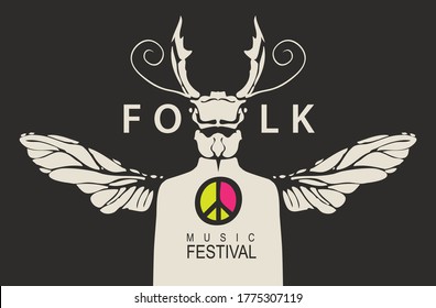 Poster of the folk music festival with a mysterious person with a beetle head and wings. Creative vector illustration suitable for banner, flyer, invitation, cover. Music collection